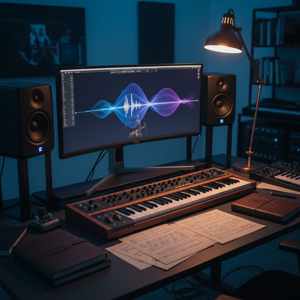 A meticulously arranged film composer’s workstation, featuring a large curved monitor displaying an abstract waveform and timecode over a faint, out-of-focus movie frame. A premium dark wood MIDI keyboard runs the length of the desk, with tactile knobs and faders catching subtle reflections. Surrounding studio monitors sit on minimalist stands, and a soft amber desk lamp casts a warm, focused pool of light over handwritten thematic sketches and a leather-bound notebook. The rest of the room falls into a cool twilight blue, suggesting a late-night scoring session. Photographic, clean and modern, shot from a three-quarter angle with moderate depth of field, evoking a sophisticated, focused atmosphere ideal for a homepage hero image.