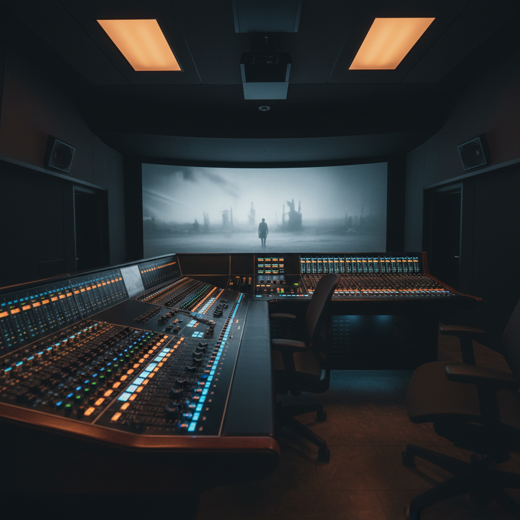 An elegant, dark-toned control room centered around a large mixing console, its rows of faders and LED meters glowing softly. On the far wall, a wide projection screen shows a paused, desaturated film scene, subtly out of focus so the attention stays on the console. Small, backlit labels and color-coded knobs add refined detail without readable text. Soft, overhead studio lighting blends with the cool glow of the screen, creating a calm, concentrated ambiance. Captured from a low, slightly angled perspective, with leading lines drawing the eye toward the screen. Photographic realism with a sophisticated, cinematic mood, ideal for a ‘Portfolio’ or ‘Work for Film’ section.