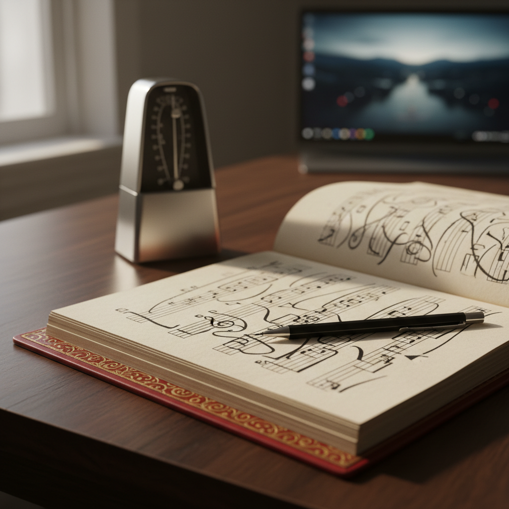 A close-up, photographic shot of a beautifully bound orchestral score resting on a dark wooden table, its cream-colored pages filled with intricate, abstract notation lines and shapes that suggest music without forming real symbols. A black mechanical pencil and a slim, brushed-metal metronome sit nearby, their textures crisply rendered. Soft, diffused daylight from a nearby window grazes the page, highlighting the subtle paper grain and casting delicate shadows. The background falls into a gentle blur, hinting at a distant, out-of-focus monitor playing a scene. Eye-level composition with shallow depth of field, evoking a thoughtful, intellectual mood suited for explaining the composer’s philosophy and approach.