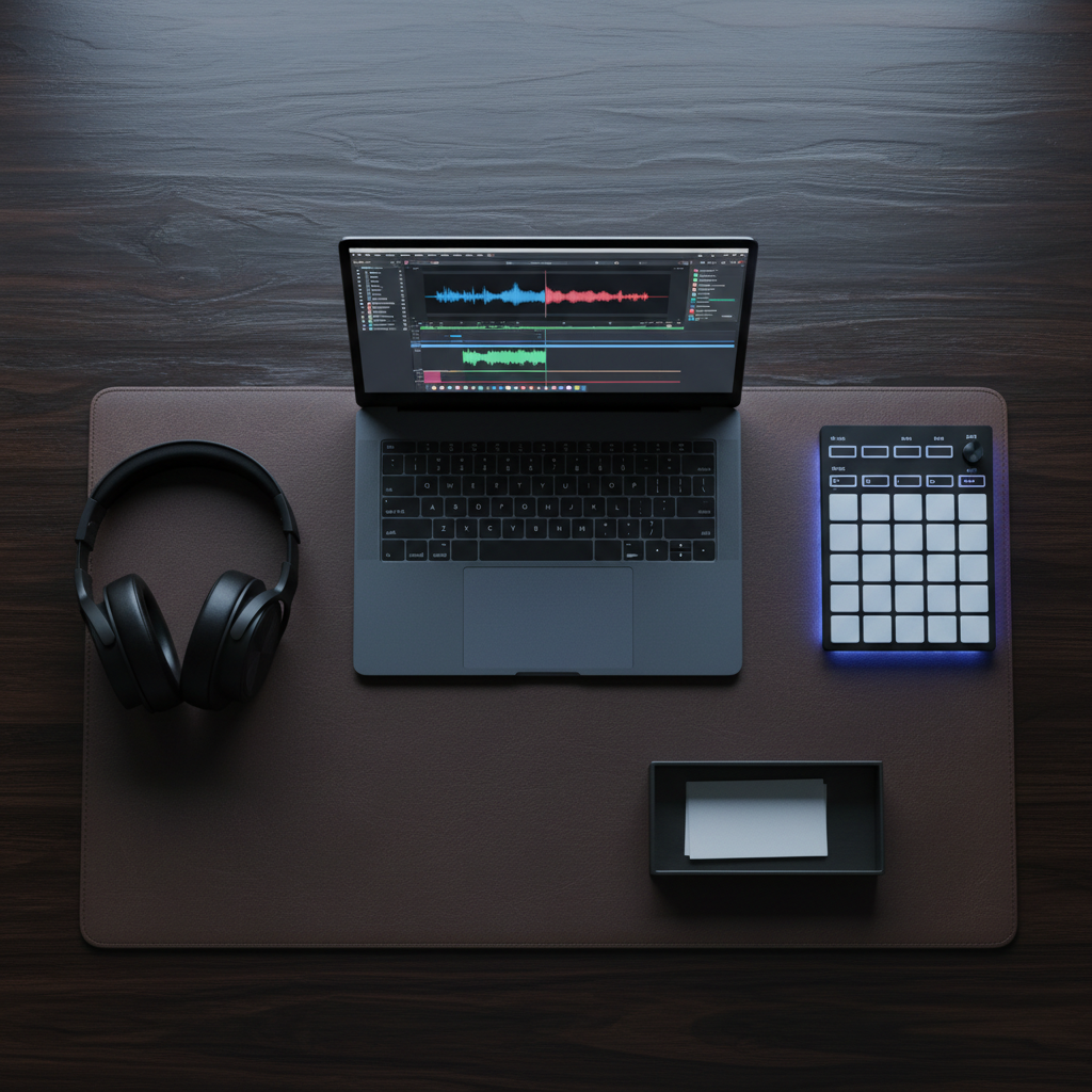 A refined overhead photographic view of a dark wood desk arranged for remote film scoring collaboration. A slim, modern laptop shows an abstract, blurred video editing timeline, next to a compact MIDI controller with backlit pads glowing softly. Beside them, a pair of elegant, over-ear studio headphones rests on a leather desk mat, and a simple, logo-free business card holder implies contact information without text. Cool, diffused light from above creates even illumination and subtle shadows, suggesting clarity and professionalism. The composition is clean and organized, with negative space for potential overlays. The mood is modern, efficient, and sophisticated, perfect for a “Contact / Work With Me” page that supports film production themes.