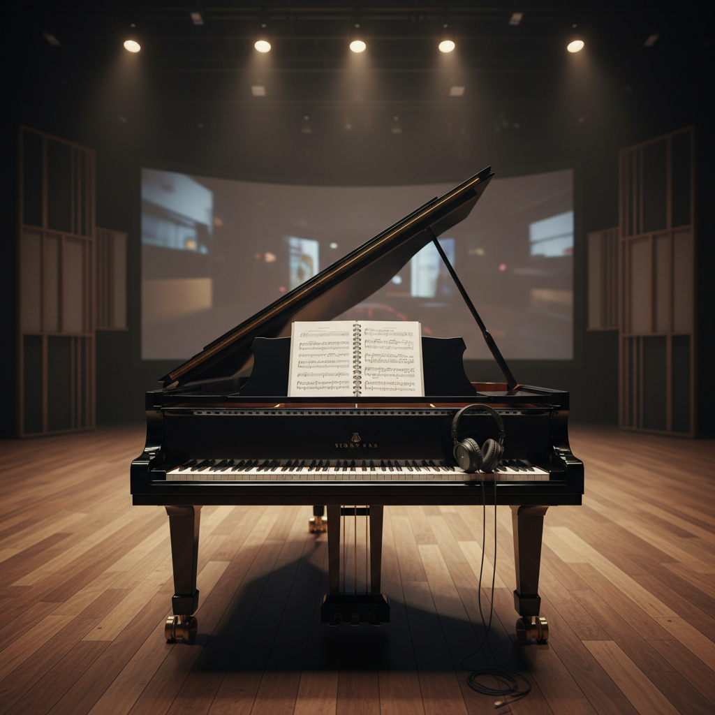 A sleek, black grand piano with its lid elegantly raised, glossy surface reflecting a subtle sheen, stands in a dimly lit scoring stage. Around it, open orchestral score sheets lie neatly on a dark walnut stand, with a pair of high-end studio headphones resting beside them. Soft, directional spotlights from above create gentle highlights on the piano’s curves and delicate shadows across the floor. In the blurred background, large cinema screens and acoustic panels hint at film scenes being scored. Photographic realism, eye-level composition with shallow depth of field, sophisticated and cinematic mood, conveying the craft of composing music that shapes emotion, character, and story.