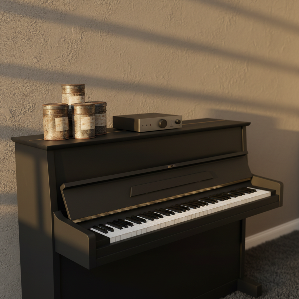 A sophisticated, minimalist studio corner dedicated to thematic exploration, featuring a compact upright piano in matte ebony, its key cover open to reveal pristine keys. On top, a small collection of vintage-looking, label-free film canisters and a modern slate-gray audio interface subtly reference cinema and production. Soft golden-hour light enters from an unseen side window, washing the scene in warm tones and creating long, gentle shadows on the textured wall behind. The composition is balanced using the rule of thirds, with sharp focus on the piano and a slightly softened background. Photographic realism with a calm, reflective atmosphere, ideal for an “About the Composer” or creative process page.