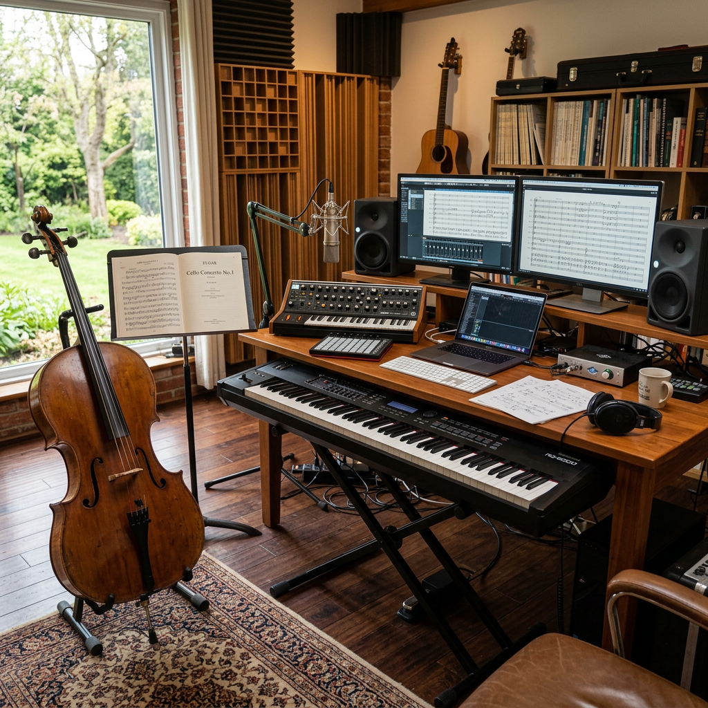 Music studio with cello on stand, digital keyboard, dual computer monitors showing sheet music, and recording equipment